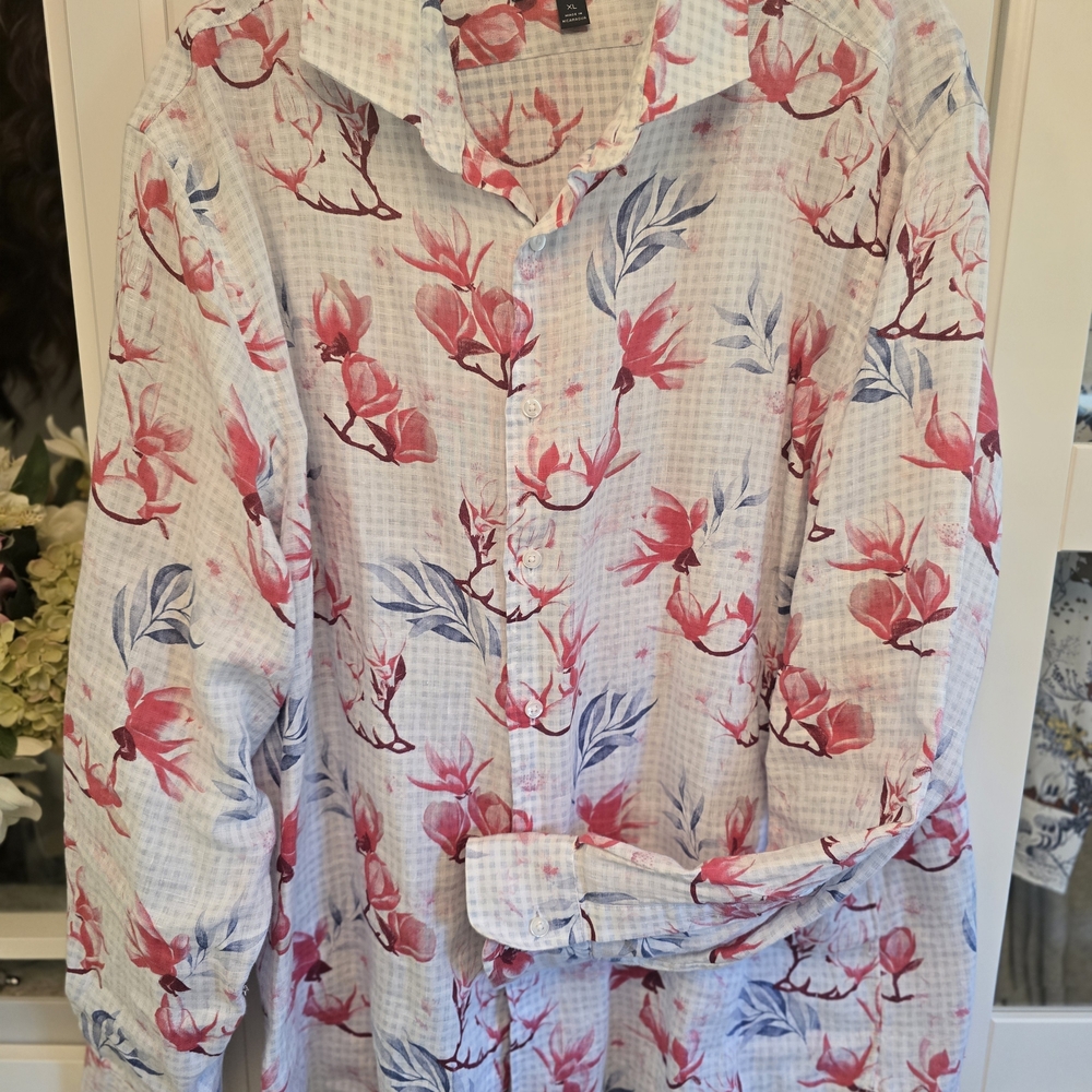 Daniel Cremieux White Button-Down Shirt with Pink & Blue Floral Print